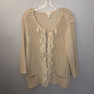 Chico's Beige Chunky Open Knit Fringe Cardigan Sweater Women's Size 3 XL Boho